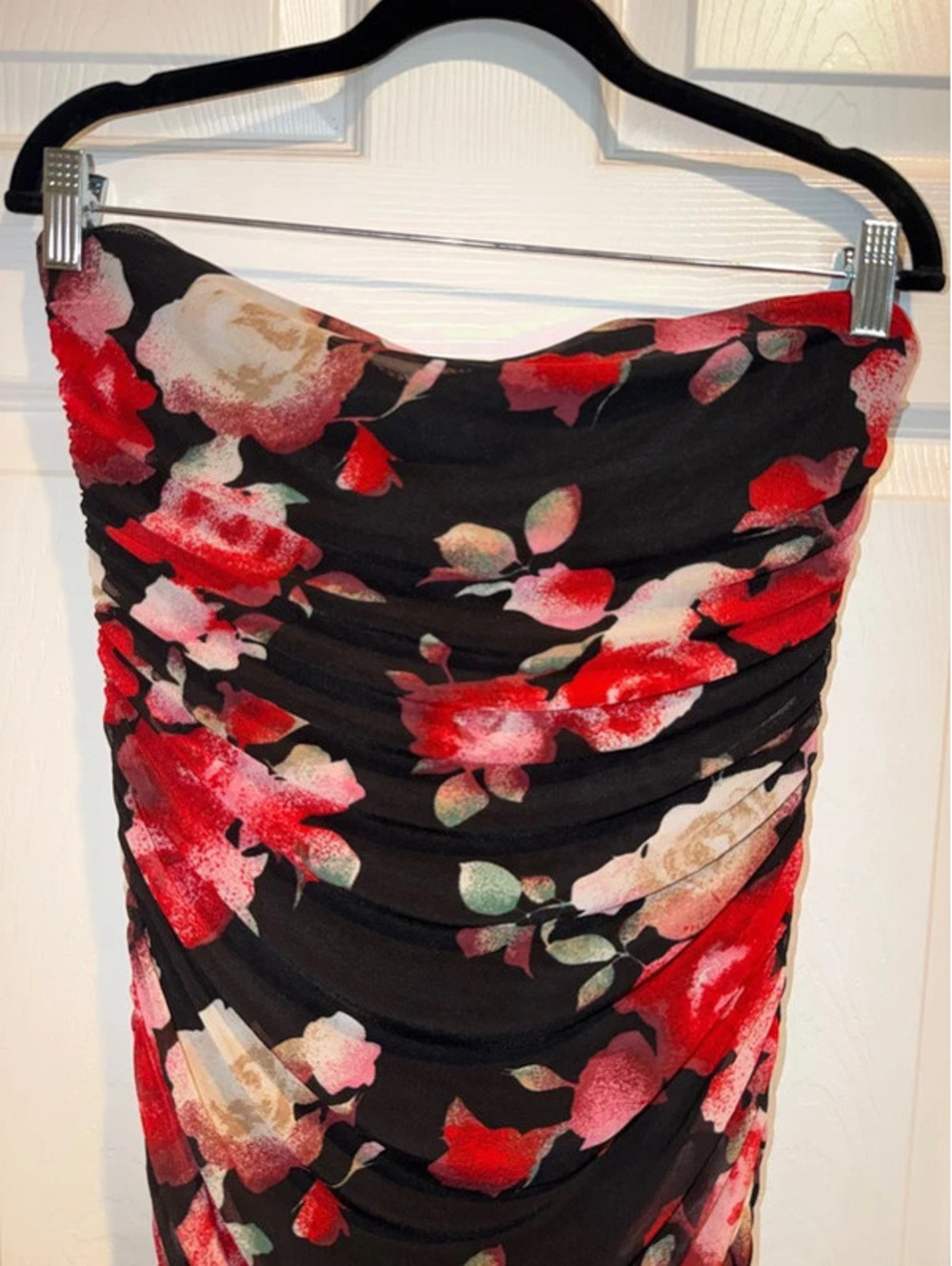 Thirty Thirty Black Floral Strapless Ruched Bodycon Midi Dress Size XL